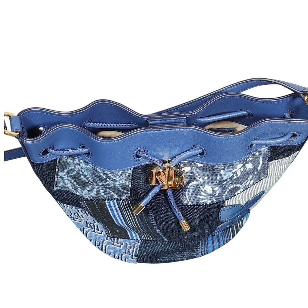 Lauren Ralph Lauren Denim Patchwork Andie Butterfly Bucket Bag Blue Gold NW $295